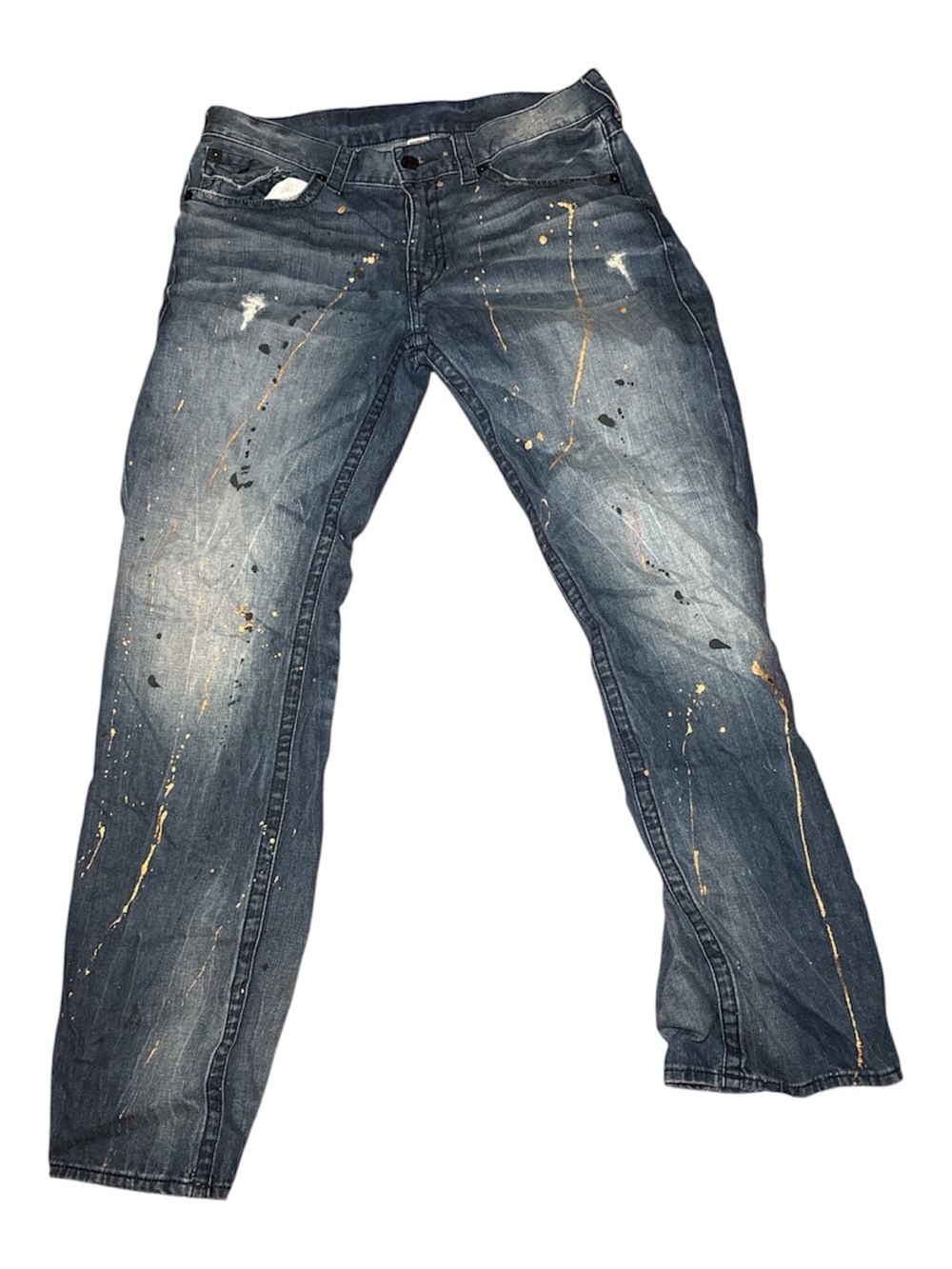 True Religion 36x34 Flap Straight Leg Paint Splatter Jeans